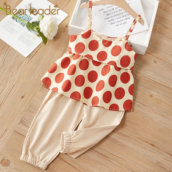 

leader girl set 2020 bear children clothing sets girls polka dot halter + chiffon trousers pants 2pcs clothing set for girls, White