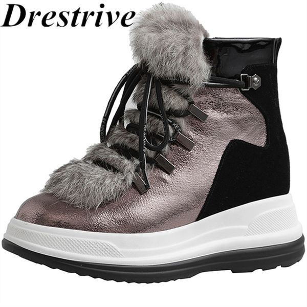

drestrive cow leather women snow boots flat heels lace up winter female ankle boots fur wool platform patchwork non slip zipper, Black
