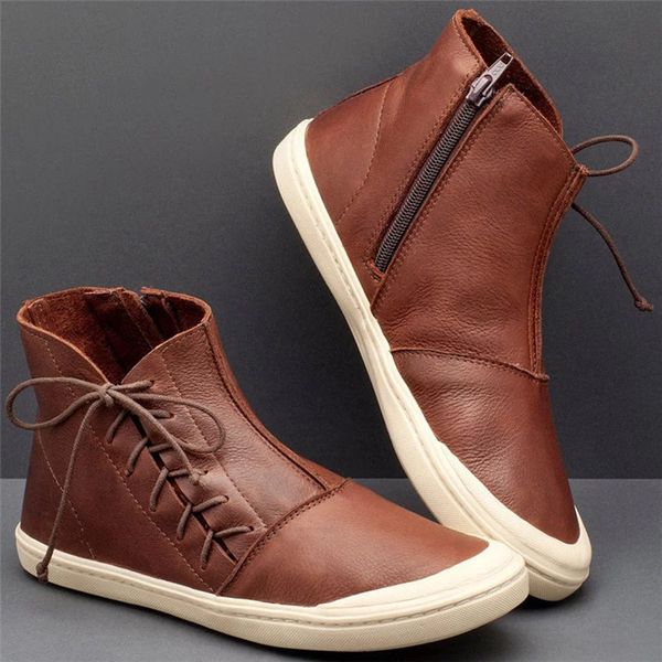 

retro leather ankle boots women fashion casual vintage high-short booties autumn european ladies side zipper flat shoes, Black