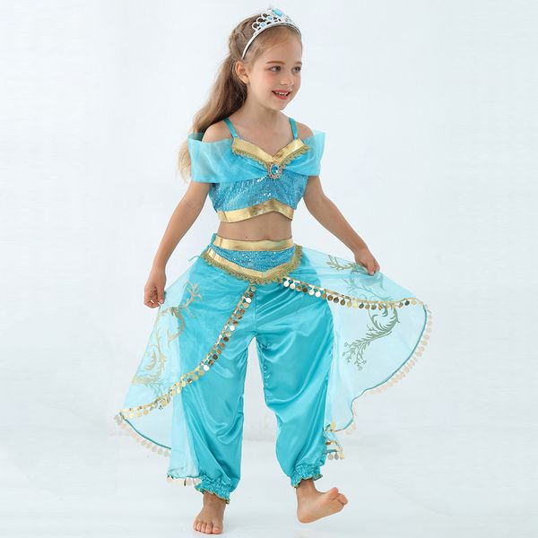 

jasmine princess dance dress kids aladdin halloween christmas performance costume skirt pant two piece set, Blue