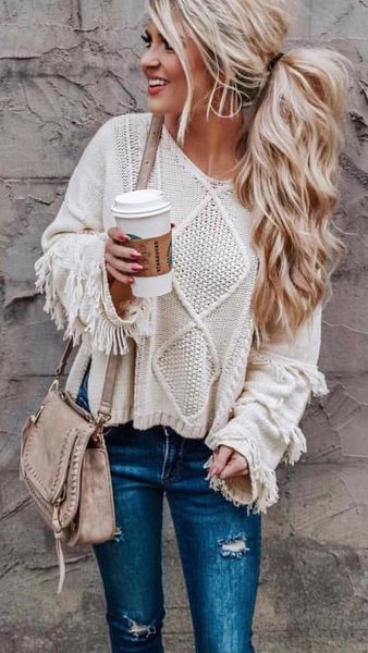 

pullover female tassel office lady commuter solid color ins fashion sweater, White;black