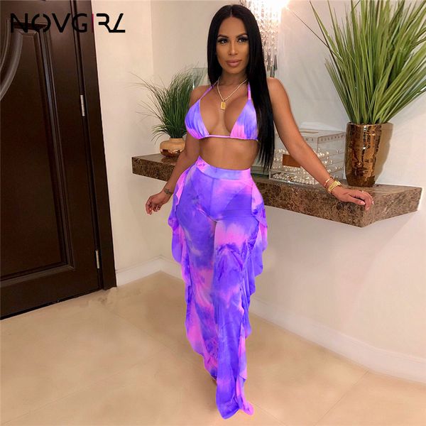 

two piece set women summer beach club outfits sheer mesh bodysuit ruffle pants set swimwear party matching 2 piece set, White