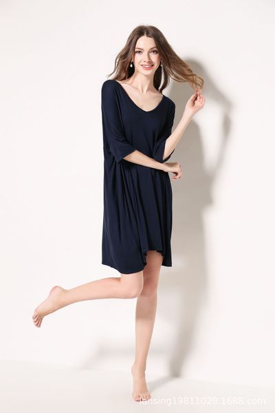 

nightdress spring and summer new medium and long t-shirt medium sleeve large size nightdress modal pajama has fat plus size women dark blue, Black;gray