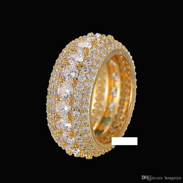 

5 row solid men's ring 18 k copper charm gold silver color cubic zircon iced ring fashion hip hop jewelry rotatable, Golden;silver