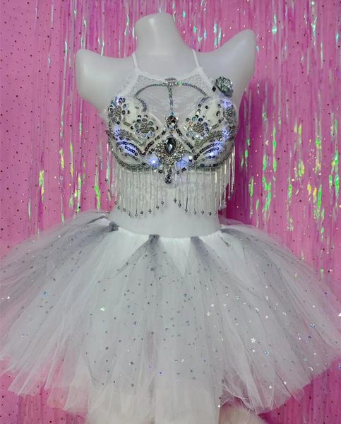 

christmas rave party led crystal beads bra mini skirt outfit bar club dj female singer dancer stage wear nightclub dance costume, Black;red