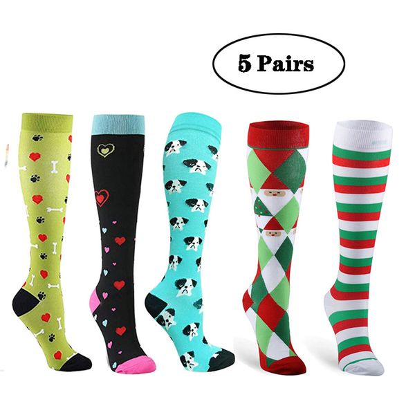 

5 pairs/lot compression stockings christmas stripes dots stars paws color love men women pressure running socks varicose nylon, Black