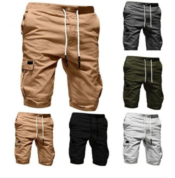 

men shorts casual jogger shorts pokects solid elastic sports cargo combat workout gym summer mens trousers new, White;black