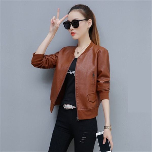 

autumn new women faux leather jacket round neck zipper casual jackets women short biker coat plus size m-4xl basic outwear g1074, Black