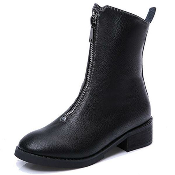 

new 2018 autumn winter pu leather shoes women flat boots fashion before zipper women's boots woman ankle botas d079, Black
