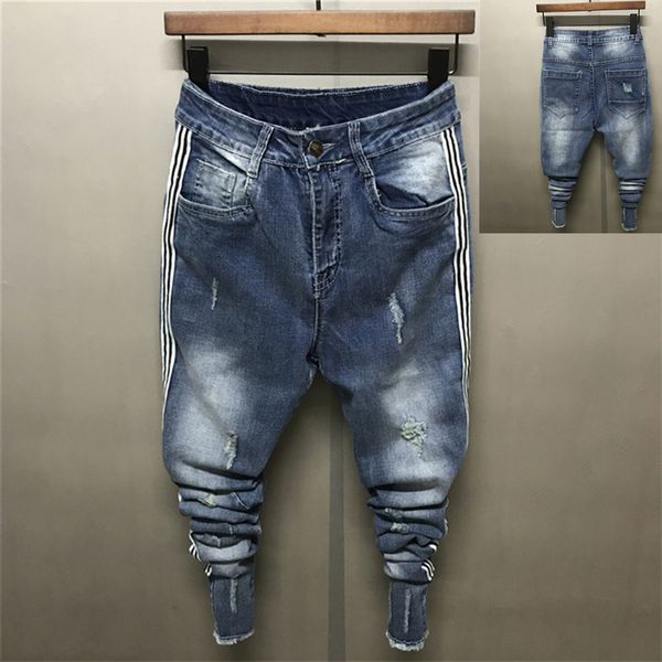 

2018 ins slim fit personality hole buckle men's jeans casual all match ankle-length mid zipper thin pants social fashion, Blue
