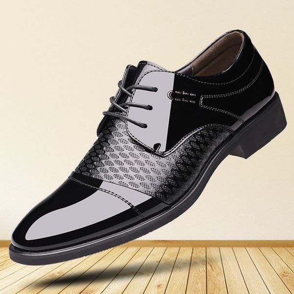 

39~45 mens patent leather formal wedding dress shoes italian pointed toe lace up derby business office suit leather shoe flats, Black