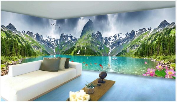 foto personalizado papel de parede 3d mural wallpaper Natureza beleza pastagens montanha de neve 3D alpina idílica casa o fundo inteiro papel de parede