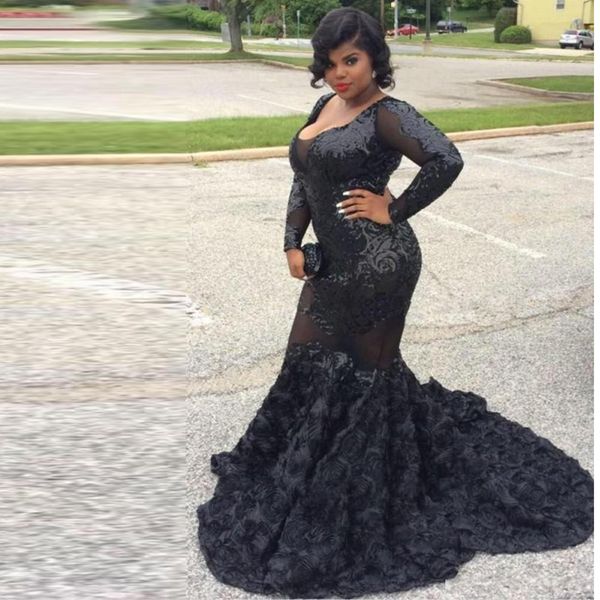 

plus size black mermaid prom dresses v neck long sleeves sequins rose flower sweep train formal evening gowns party dresses