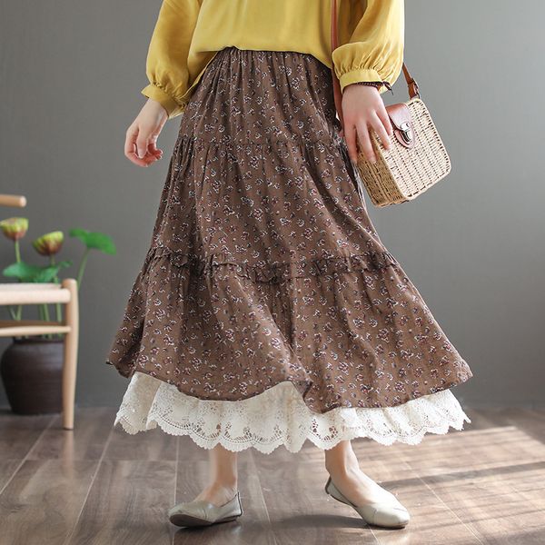 

literary retro floral cotton and linen skirt female double lace stitching large size ethnic style a-line skirt, Black