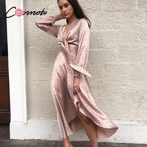 

conmoto women 2019 autumn winter dress pink polka dot bow satin long dress elegant lantern long sleeve maxi party dress vestidos, Black;gray