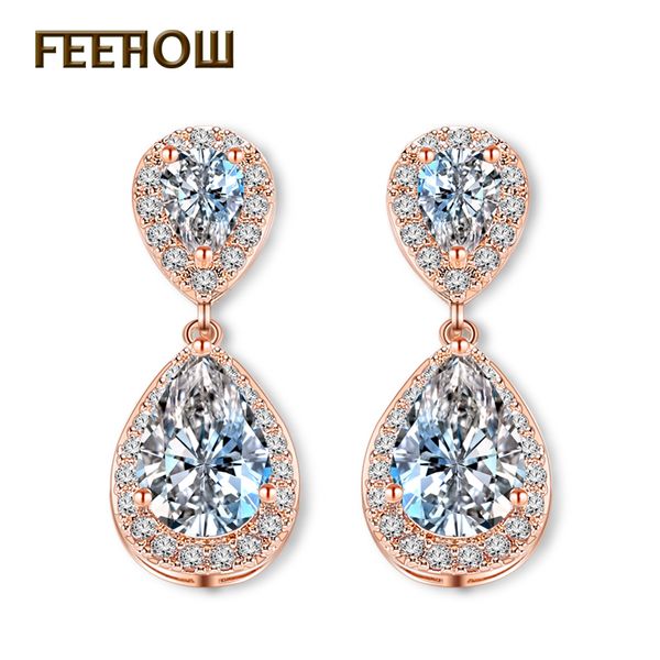 

feehow fashion elegant bridal jewelry rose gold color teardrop cubic zircon drop earrings for women wedding party fwep091, Silver