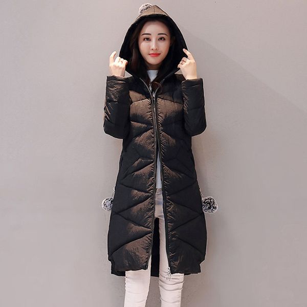 

2018winter jacket women three hair ball in the long down jacket cotton hooded slim slimming parka coat winter cotton wome, Black