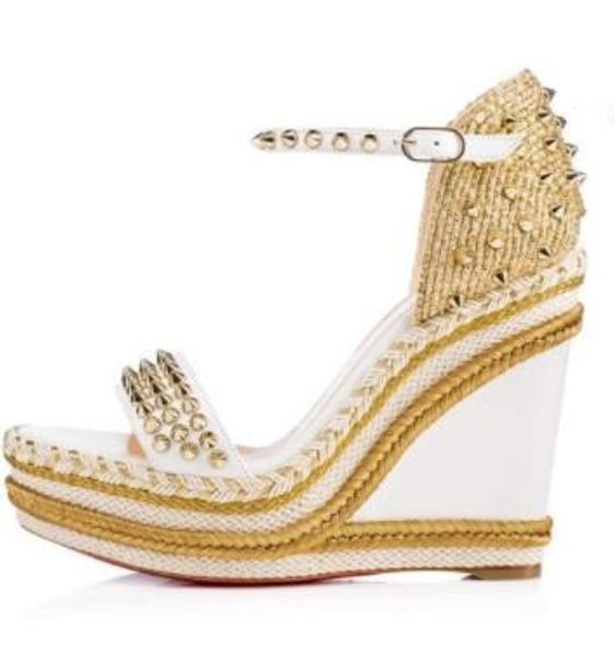 

original box,eu35-42]famous brand gladiator sandals red bottom madmonica wedge sandals women high heels with spikes, Black