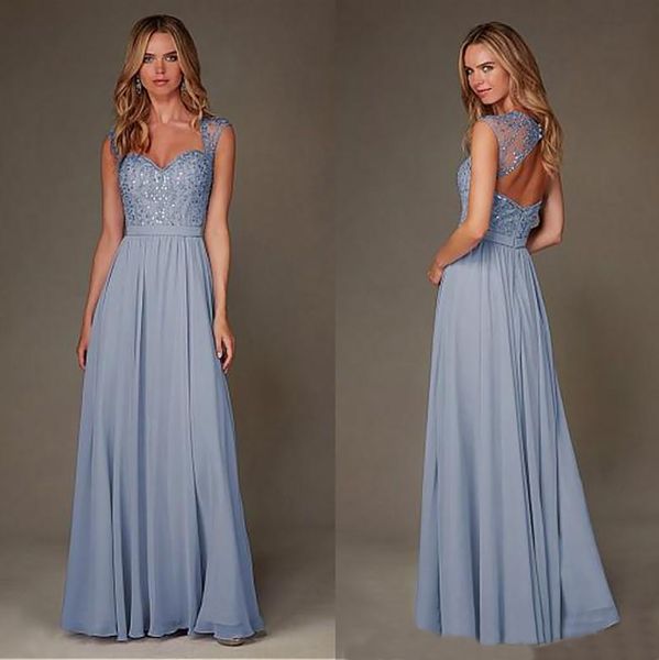 Luz azul de dama de honra longa Vestidos A Line Cap Sleeves Appliques Beaded Backless Chão Comprimento Wedding Guest Houting de Vestidos de Honra BD8989