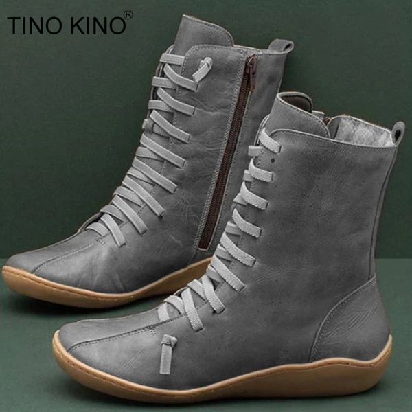 

tino kino new women ankle boots pu leather women's fashion zip boots ladies lace up woman flat comfort female shoes plus size, Black