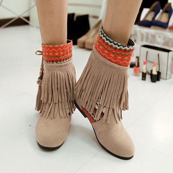 

lie fallow tassel boots women autumn winter fund slip-on flat round toe lace-up vintage short ankle boots chaussures femme, Black
