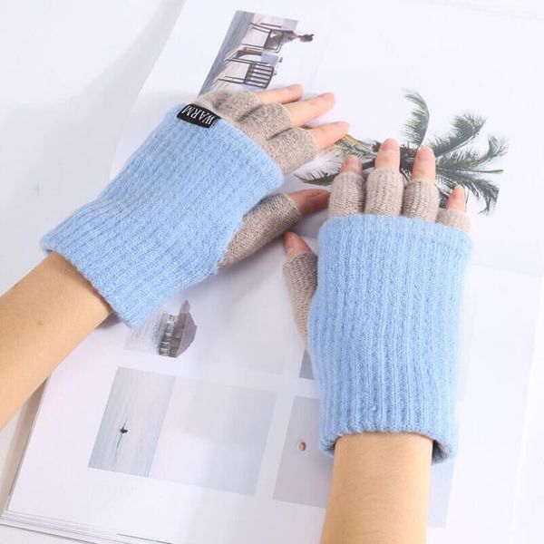 

women' knitted warm fingerless gloves thickened men' winter half finger gloves accessories double layer mittens, Blue;gray