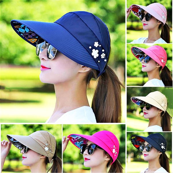 

sun visor ponytail hat women wide brim floral protection cap foldable sunhat summer floppy beach packable outdoor hats, Blue;gray