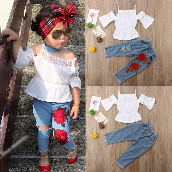 

2pcs toddler kids girl clothes set fashion lace long sleeve flower jeans denim pants girls casual outfits sets 1-6t, White