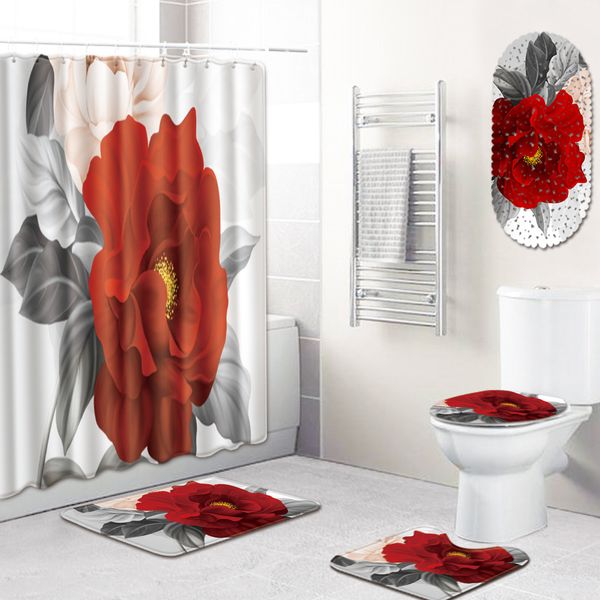 2019 T Red Flower Shower Curtain With Bathtub Mat Anti Slip