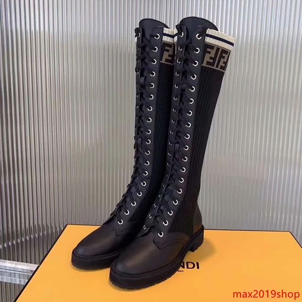 

2020 luxury newfendiautumn leather stitching f letter high boots women s straps wild socks boots flat knit elastic boots
