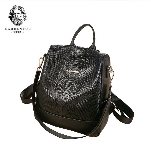 

laorentou women genuine leather bag fashion leisure big backpack women bag crocodile pattern travel