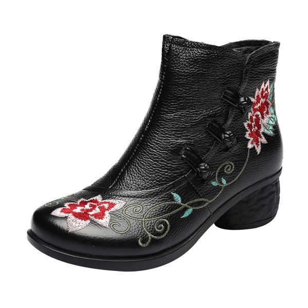 

2020 autumn winter ankle boots for women genuine leather high heel booties ankle botas flower embroidery shoes, Black