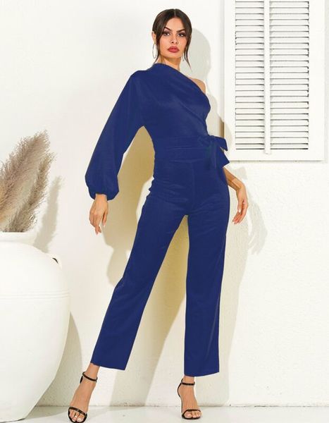 

one shoulder jumpsuits summer sleeveless belt wide leg elegant lady casual jumpsuits white black blue red yellow, Black;white