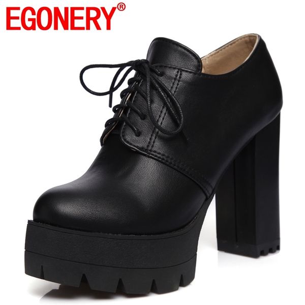 

egonery lace-up pumps thick platform spring office work super high heels comfortable on formal occasions female woman shoes, Black
