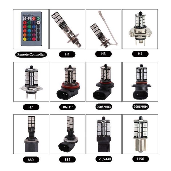 

2x 12v rgb remote control h8 h9 h11 5050 27smd color changing car led fog light bulb
