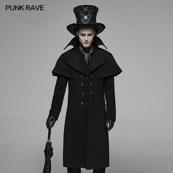 

punk rave men gothic black with shoulder cloak detective mystery long coat stage perform costume winter mens woolen trench coat