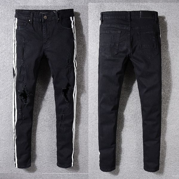 

solid classic new style straight denim designer mens motorcycle biker jeans washed design casual black summer skinny ripped high quality, Blue