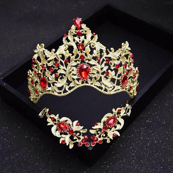 

european super red baroque bride crown earrings set rose gold studio with makeup headdress hair accessories, Golden;white