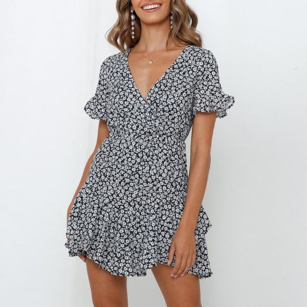 

women boho dress fashion floral vintage beach dress print short sleeve v-neck casual mini robe longue boheme #j4s, Black;gray