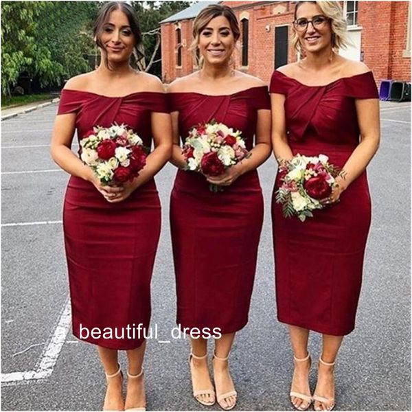 

simple tea length bridesmaid dresses sheath trumpet off shoulder pleats women wedding guest party gowns cheap, White;pink