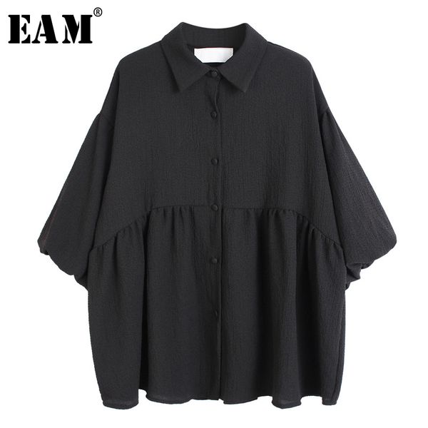 

eam] women black hem pleated split blouse new lapel three-quarter sleeve loose fit shirt fashion tide spring summer 2020 1u397, White