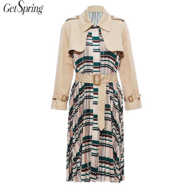 

getspring women coat women trench coats patchwork color matching grid long trench coats bandage irregular winter overcoat 2019, Tan;black