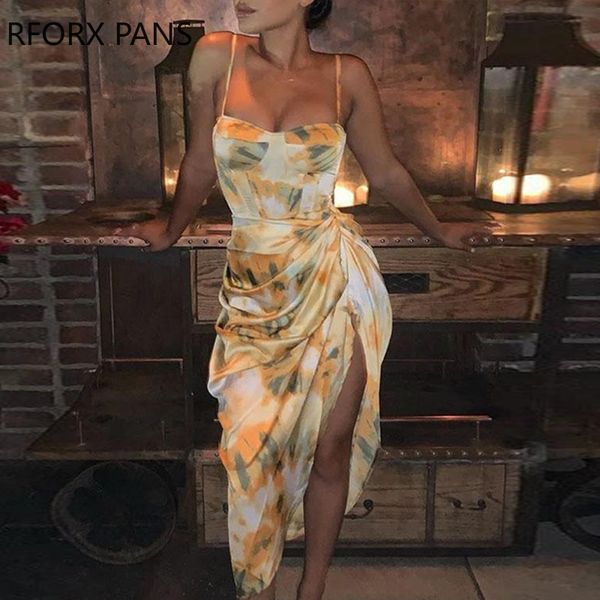 

abstract print spaghetti strap high slit ruched dress, Black;gray