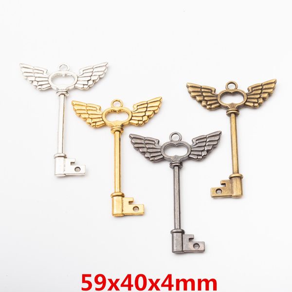 

20pcs 59*40mm vintage silver gun black gold wing key charms antique bronze metal key pendants for bracelet earring diy jewelry, Bronze;silver