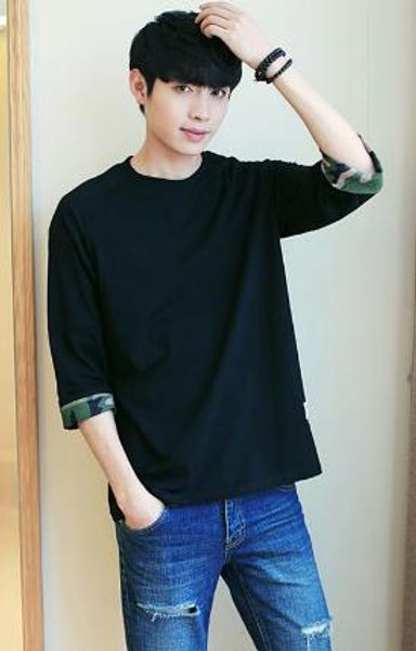 

2020 new men's korean t-shirt round neck loose boys' 7-quarter sleeve raglan sleeve camouflage middle sleeve clothing wholesale, White;black