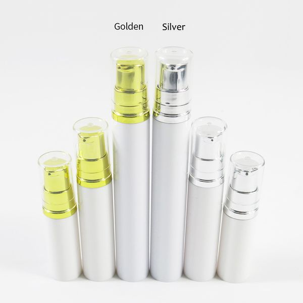 30 x 5ml 10ml 15ml New Arrival portátil Viagens recarregáveis ​​Lotion Garrafa de Spray Sliver Ouro Cap Plastic Airless Bottle Vial