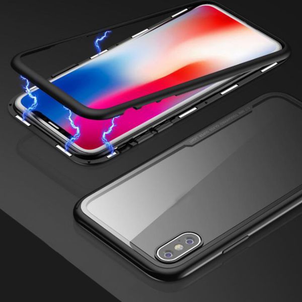 

magnetic adsorption metal phone case for iphone xr xs max x 8 plus full coverage aluminum alloy frame with tempered glass cover 50pcs