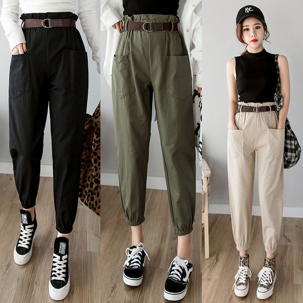

women pants 2019 spring summer fashion female solid high waist loose harem pant pencil trousers casual cargo pants streetwear, Black;white