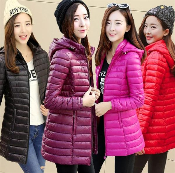 

plus size womens winter light parkas jackets fashion casual hooded slim long hooded warm down hat detachable womens coat, Black