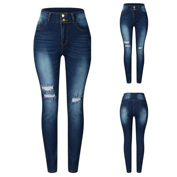 

women's jeans lady fashion slim hole high waist pockets solid color pants w317, Blue